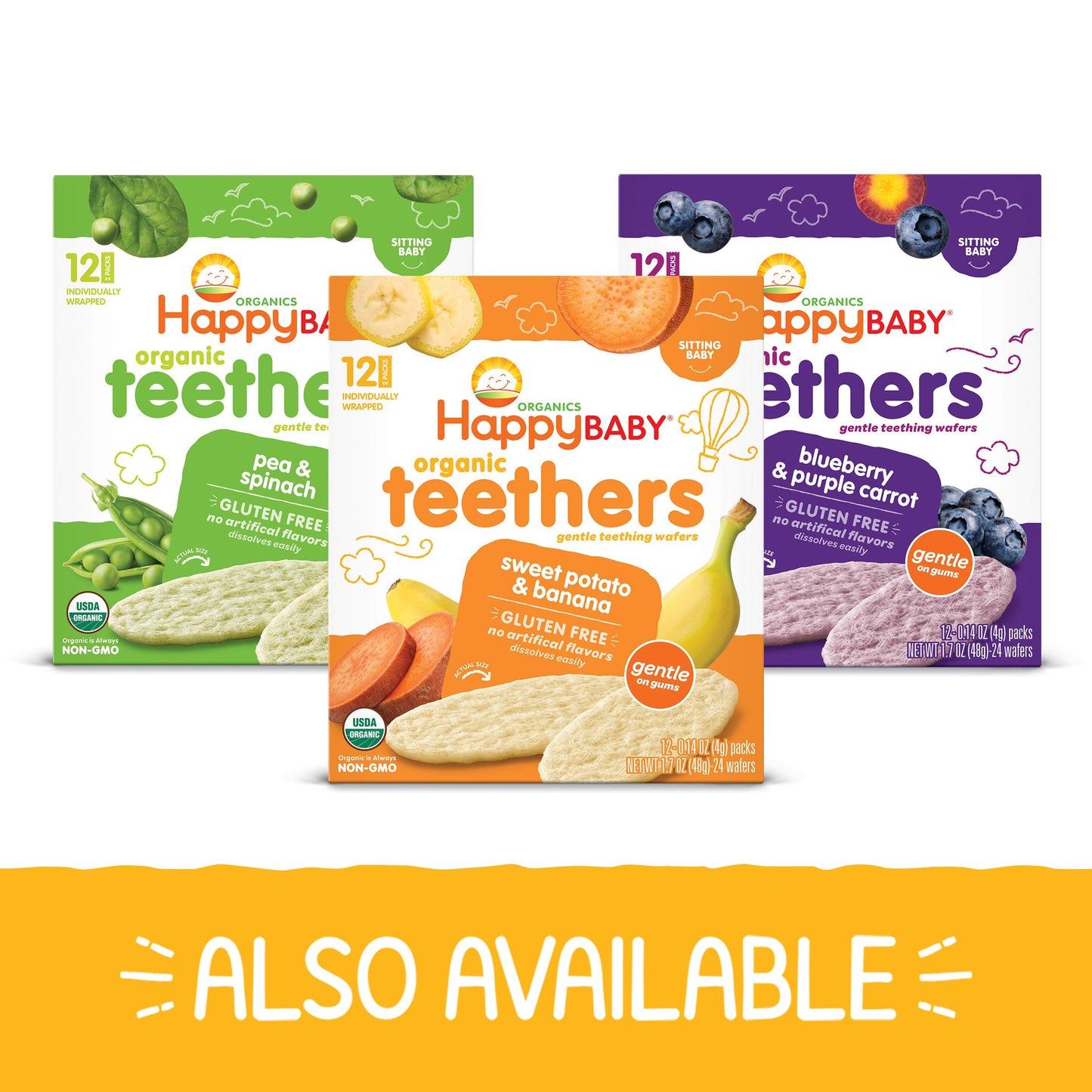 Happy Baby Organics Baby Snacks, Gentle Teething Wafers, Gluten Free & Vegan, Sweet Potato & Banana, 12 Count (Pack of 6)