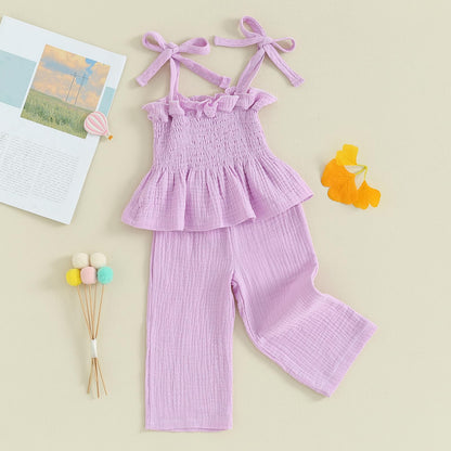 VISGOGO Infant Baby Toddler Girls Clothes Solid Color Sleeveless Camisole Linen Pants Set Baby Summer Outfits