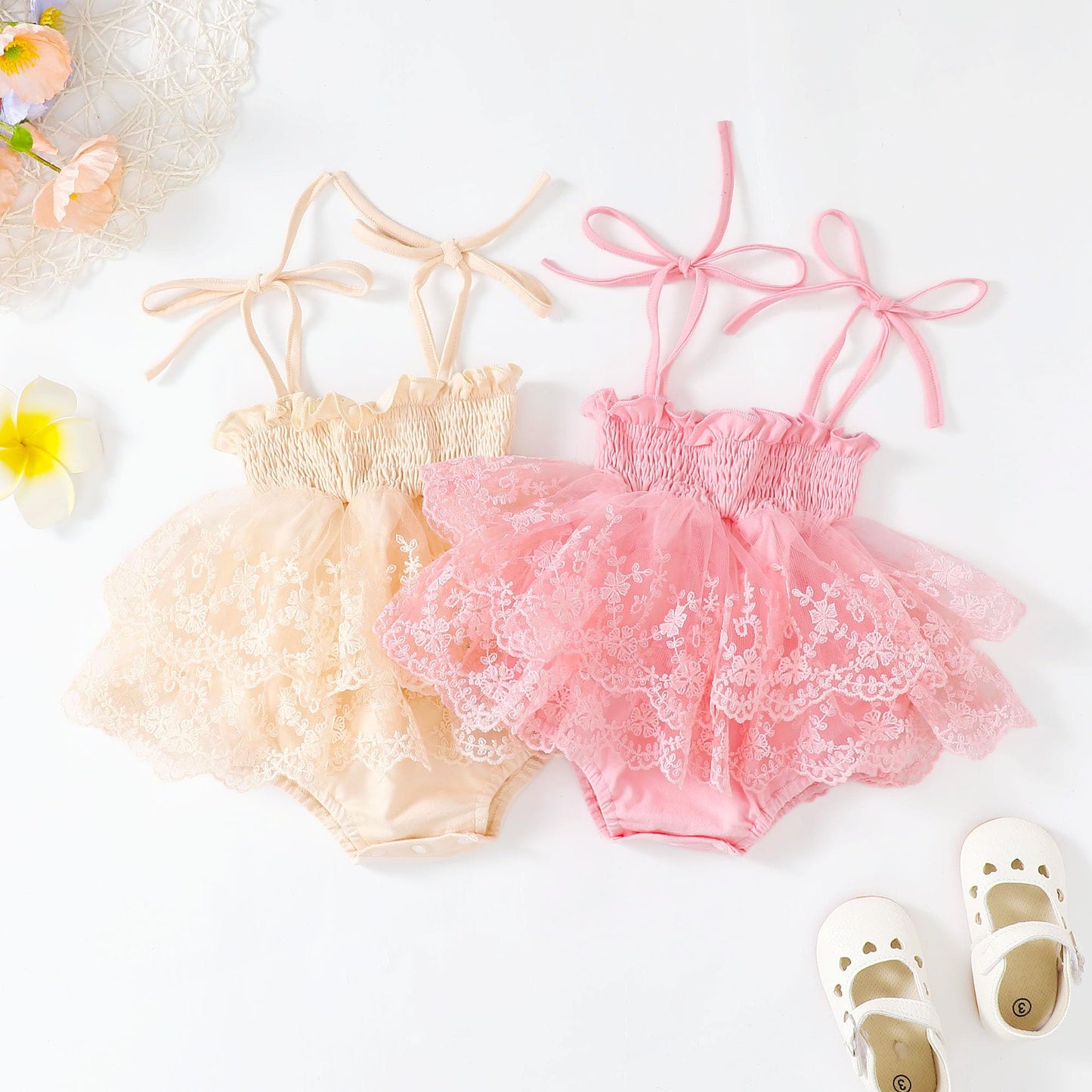 MERSARIPHY Newborn Baby Girl Summer Outfit Sleeveless Ruffle Smocked Halter Tulle Romper Dress One-piece Jumpsuit Clothes