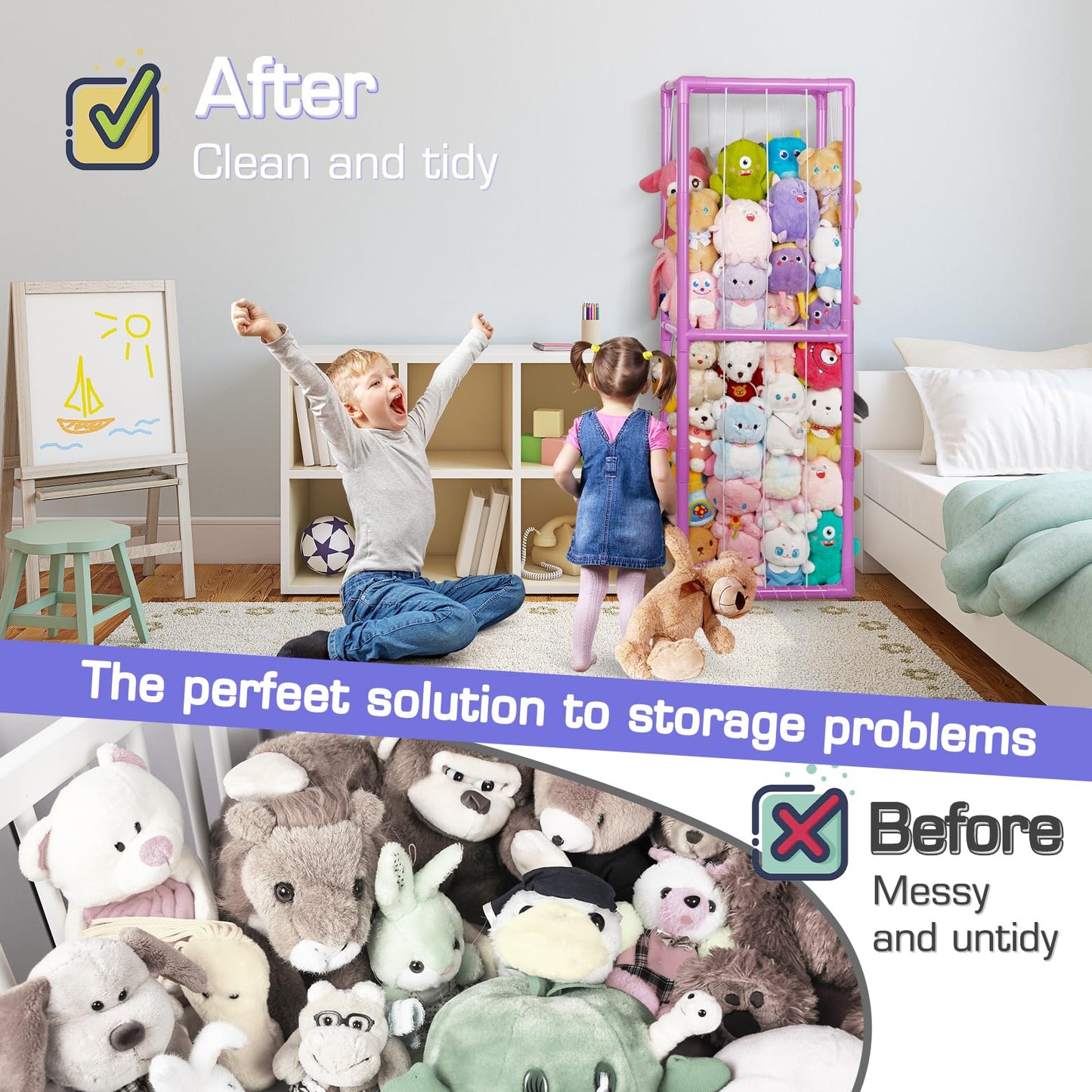 Trycooling Stuffed Animal Storage Zoo Stuffed Animal Holder Space Save Vertical Stuffed Animals Storage PVC with Elastic Band and Net for Playroom Bedroom Nursery (White 1)