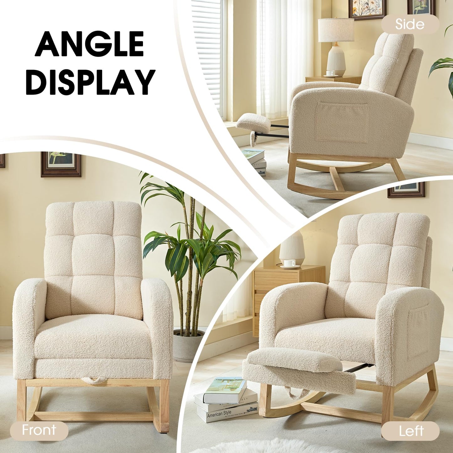 NIOIIKIT Modern Nursery Rocking Chair, Teddy Upholstered Rocking Chair with Footrest, Comfortable Glider Rocker with Side Pocket for Living Room, Bedroom, Nursing Room (Beige)