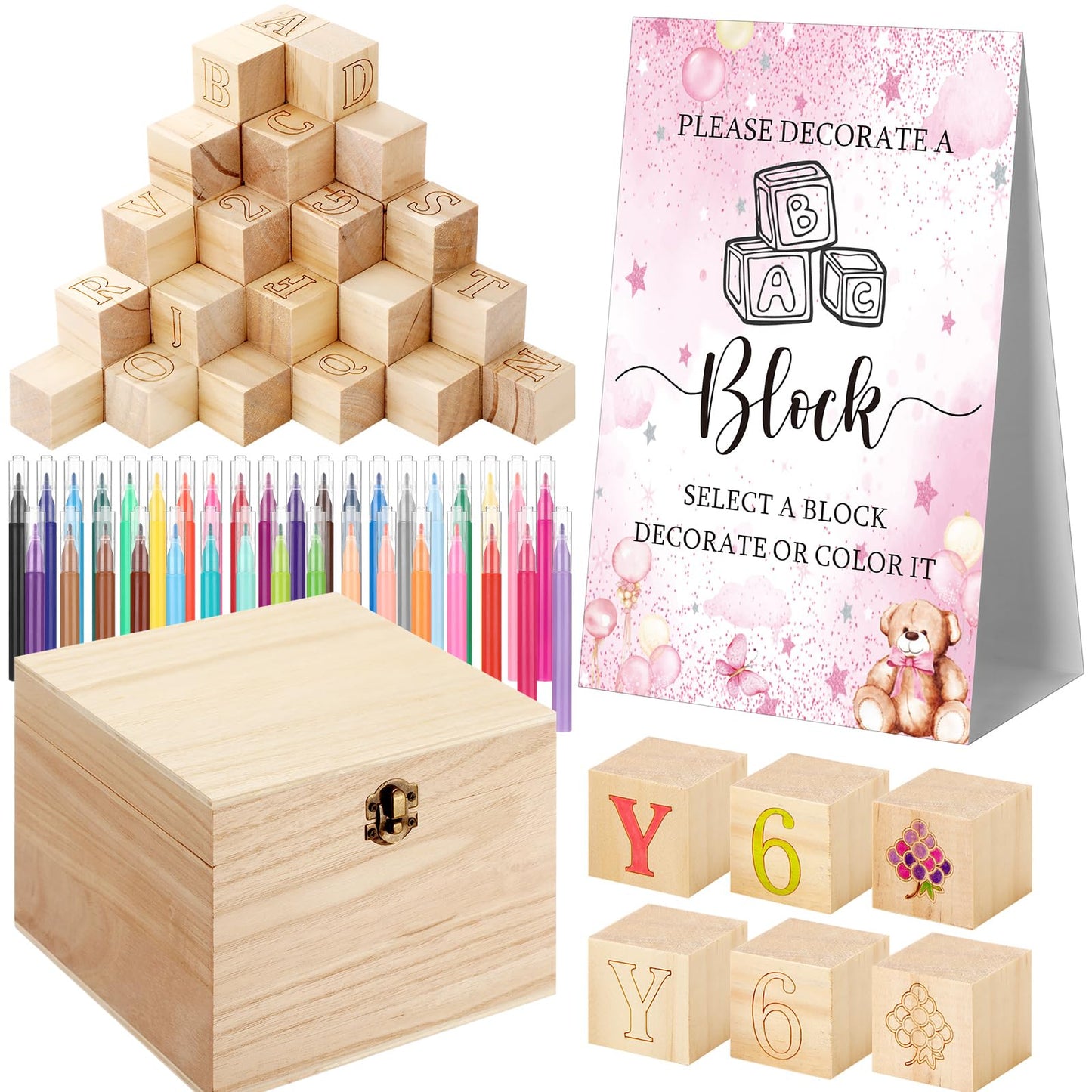 Marsui 136 Pcs Baby Shower Blocks to Decorate Game Kit Includes 98 Wooden Blocks, 36 Markers, 1 Game Sign, 1 Storage Box for Baby Shower Gender Reveal Activity Party Decorations(Pink Elephant)