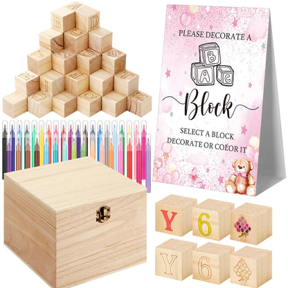 Marsui 136 Pcs Baby Shower Blocks to Decorate Game Kit Includes 98 Wooden Blocks, 36 Markers, 1 Game Sign, 1 Storage Box for Baby Shower Gender Reveal Activity Party Decorations(Pink Elephant)