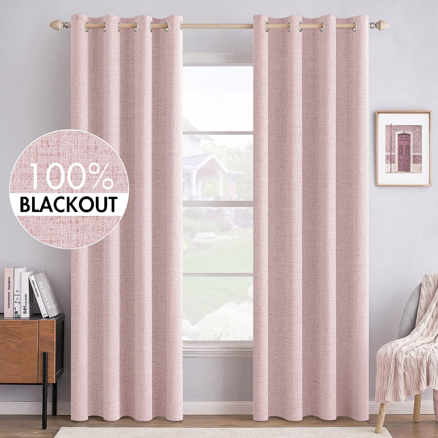 MIULEE 100% Blackout Linen Textured Curtains for Bedroom Solid Thermal Insulated Natural Beige Grommet Room Darkening Curtains & Drapes Luxury Decor for Living Room Nursery 52 x 84 Inch (2 Panels)