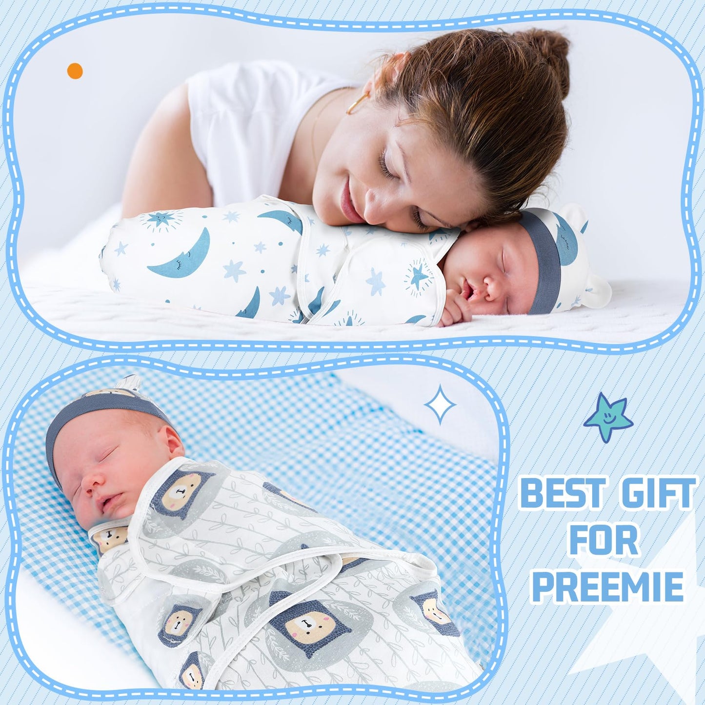 Buryeah 4 Pack Preemie Swaddle Blanket Wrap Set with Hat for Baby Boys Girls 3-7 Lbs Preemie Newborn Clothes Sleepers Cap