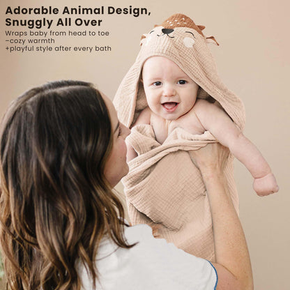 Konssy 2-Pack Muslin Baby Hooded Towels, Soft Cotton and Absorbent Baby Bath Towels for Newborn, Infant & Toddler with Animal Hooded Design (Bunny & Deer)