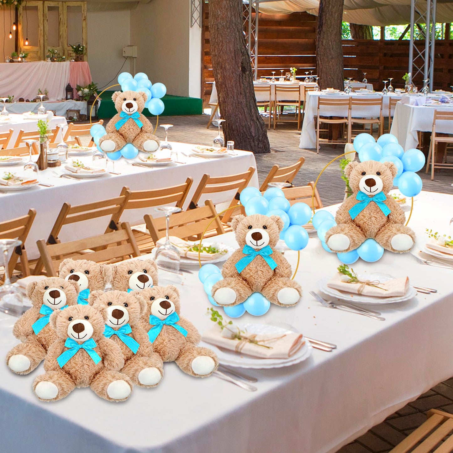 6 Sets Bear Baby Shower Table Centerpieces Bear Stuffed Animals 12 Inch Metal Floral Hoop with Stand Balloon for Wedding Baby Shower Birthday Flowers Table Decorations(Brown)