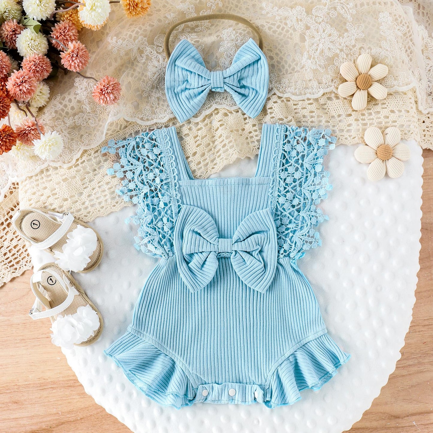 Newborn Baby Girl Lace Romper Ruffle Sleeveless Backless One Piece Jumpsuit Bodysuit with Headband Summer Clothes