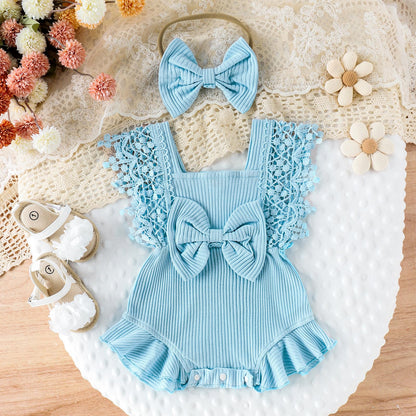 Newborn Baby Girl Lace Romper Ruffle Sleeveless Backless One Piece Jumpsuit Bodysuit with Headband Summer Clothes