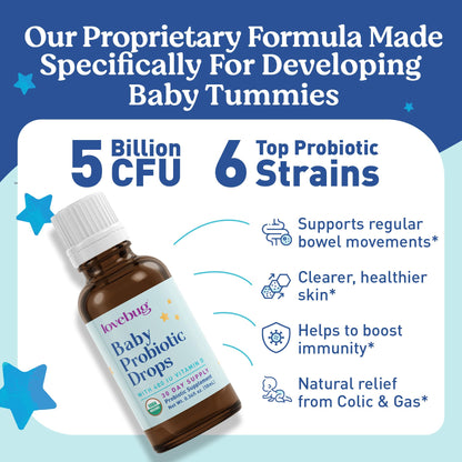 Lovebug Award Winning USDA Organic Probiotic for Infants & Babies | Helps with Colic, Reflux, Diarrhea, Constipation & Gas | Multi-Strain 5 Billion CFU | Liquid Drops | Ages 0-24 Months