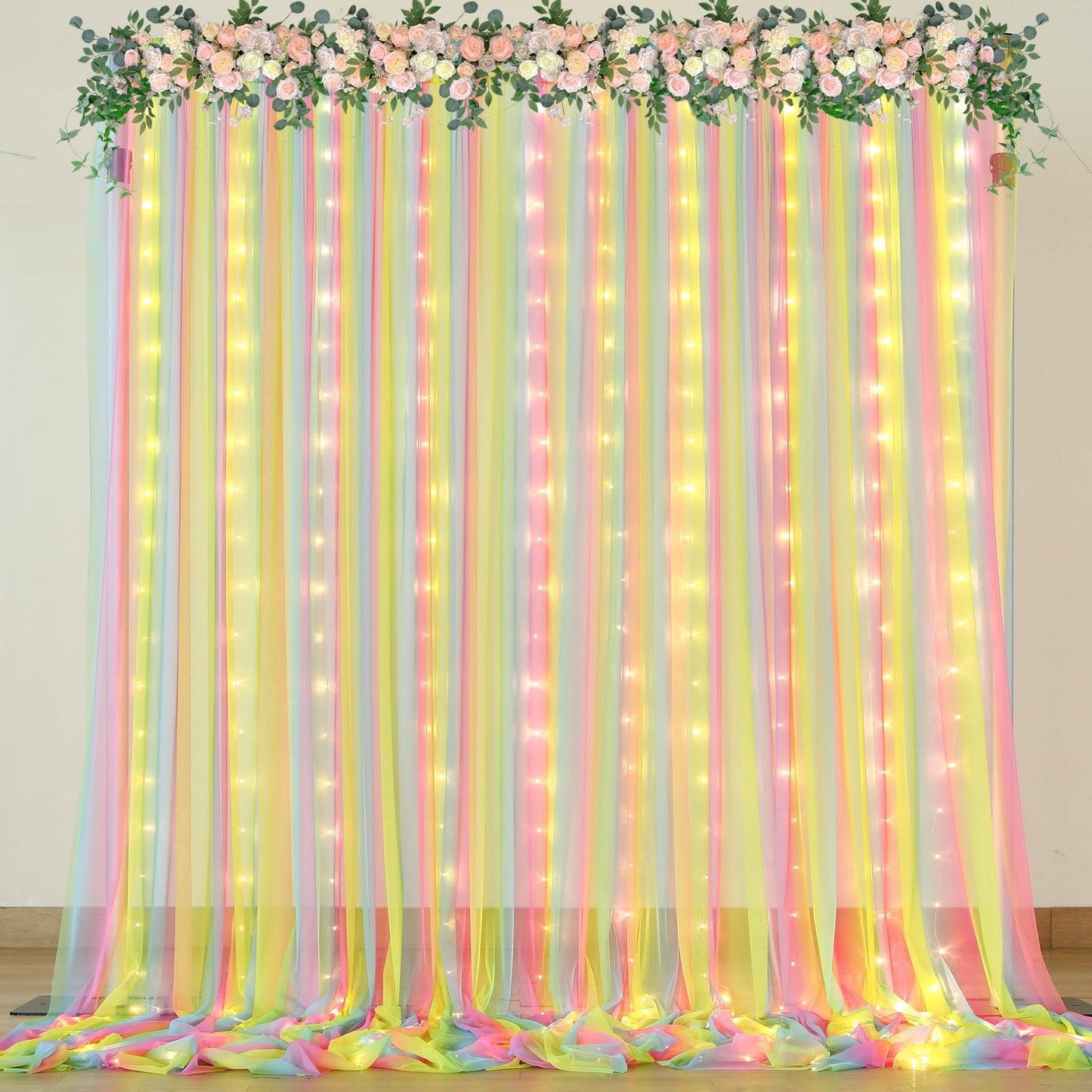 White Tulle Backdrop Curtain with Lights String for Parites 10×8ft Sheer Backdrop Curtains White Curtain Backdrop for Wedding Baby Shower Birthday Party Photo Shoot Decorations(2 Panels 10ft×8ft)