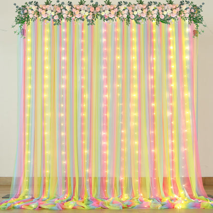 White Tulle Backdrop Curtain with Lights String for Parites 10×8ft Sheer Backdrop Curtains White Curtain Backdrop for Wedding Baby Shower Birthday Party Photo Shoot Decorations(2 Panels 10ft×8ft)
