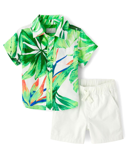 The Children's Place baby-boys And Newborn Short Sleeve Button Down Shirt and Shorts 2 Piece Outfit Set