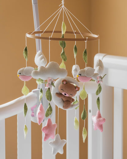 Girl Teddy Bear Mobile for Crib, Felt Ball Mobile Bear Crib Mobile Pink Bear Baby Shower, Gift Baby Nursery Decor Kids Mobile, Bear Stars Bird Mobile Mobile arm is NOT Included