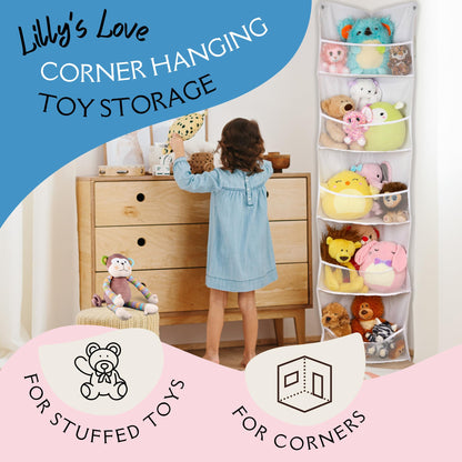 Lilly's Love Corner Stuffed Animal Toy Storage Hanging Organizer | 5 Expandable Mesh Net Pockets, Stores Loads of Plush Toys | Large Plushie Display for Boys, Girls | Pink