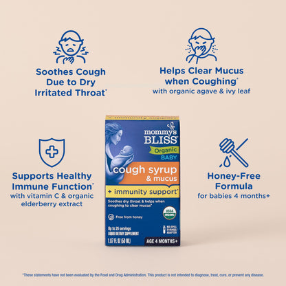 Mommy's Bliss Organic Baby Cough Syrup and Mucus + Immunity Support, Contains Organic Agave and Ivy Leaf, Made for Babies 4 month+, 1.67 Fluid Ounces