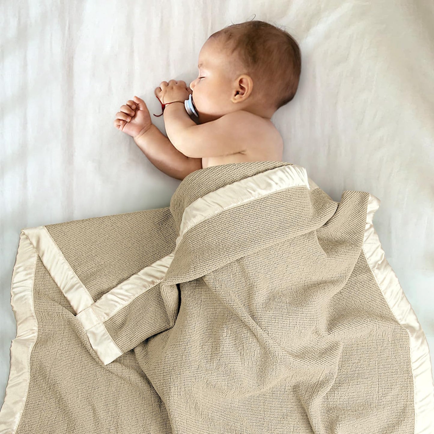 Swaddle Baby Blanket: Waffle Blanket with Satin Strim - Soft Breathable Toddler Blanket for Nursing Cover - Cotton Crib Blanket for Naptime（Cream）