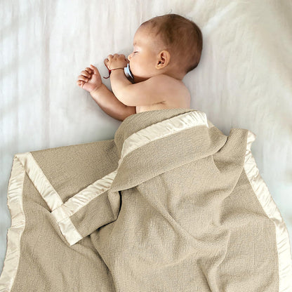 Swaddle Baby Blanket: Waffle Blanket with Satin Strim - Soft Breathable Toddler Blanket for Nursing Cover - Cotton Crib Blanket for Naptime（Cream）