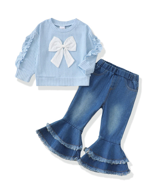 Renotemy Toddler Baby Girl Clothes Fall Winter Outfit, Bow Sweatshirt Denim Bell Bottom Jeans Outfits for 1-5 Year Girls