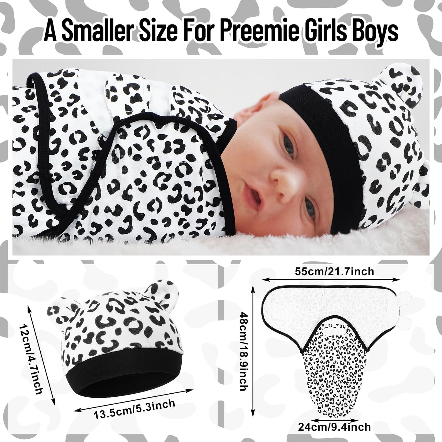 Buryeah 4 Pack Preemie Swaddle Blanket Wrap Set with Hat for Baby Boys Girls 3-7 Lbs Preemie Newborn Clothes Sleepers Cap