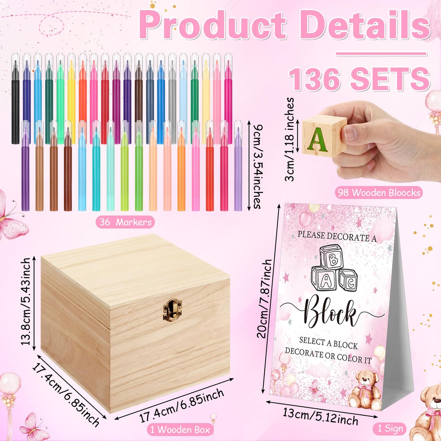 Marsui 136 Pcs Baby Shower Blocks to Decorate Game Kit Includes 98 Wooden Blocks, 36 Markers, 1 Game Sign, 1 Storage Box for Baby Shower Gender Reveal Activity Party Decorations(Pink Elephant)