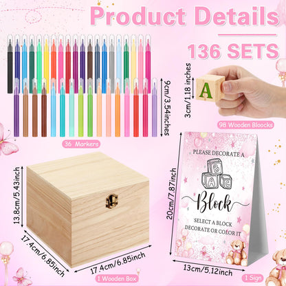Marsui 136 Pcs Baby Shower Blocks to Decorate Game Kit Includes 98 Wooden Blocks, 36 Markers, 1 Game Sign, 1 Storage Box for Baby Shower Gender Reveal Activity Party Decorations(Pink Elephant)
