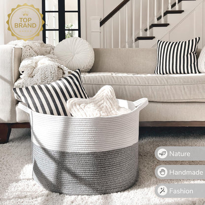 INDRESSME XXXLarge Cotton Rope Basket 21.7" x 21.7" x 13.8" Woven Baby Laundry Blanket Basket Toy Baskets with Handle Storage Comforter Cushions Thread Laundry Hamper