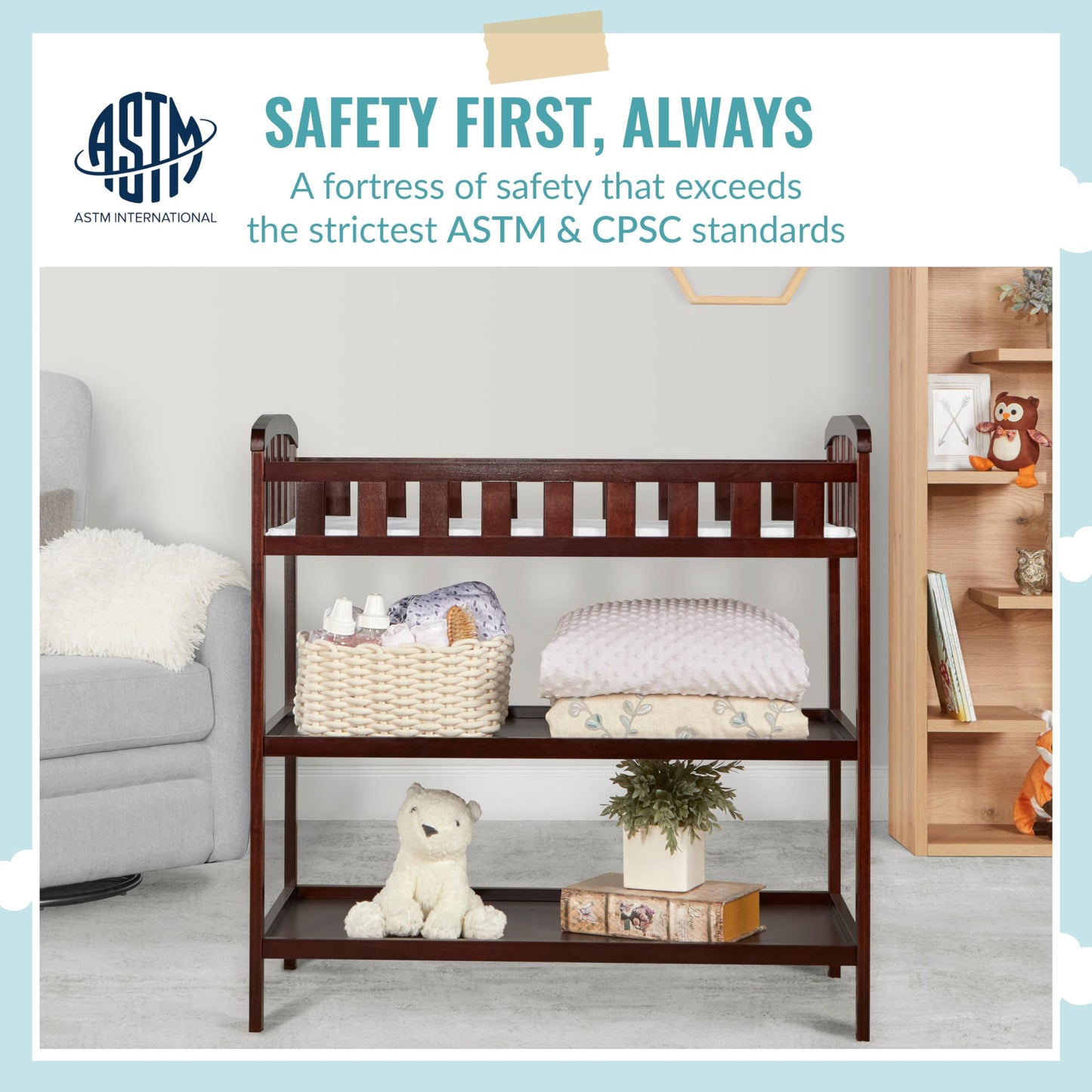 Dream On Me Emily Changing Table In Natural, Comes With 1" Changing Pad, Features Two Shelves, Portable Changing Station, Made Of Sustainable New Zealand Pinewood