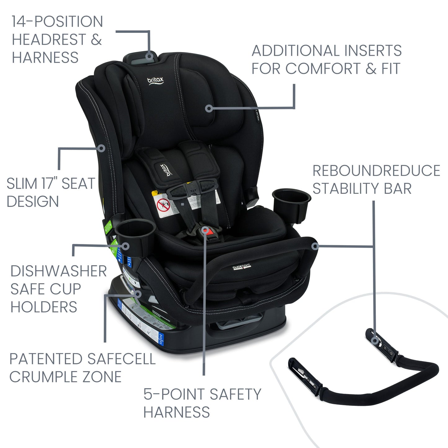 Britax Poplar S Convertible Car Seat, 2-in-1 Car Seat with Slim 17-Inch Design, ClickTight Technology, Arctic Onyx