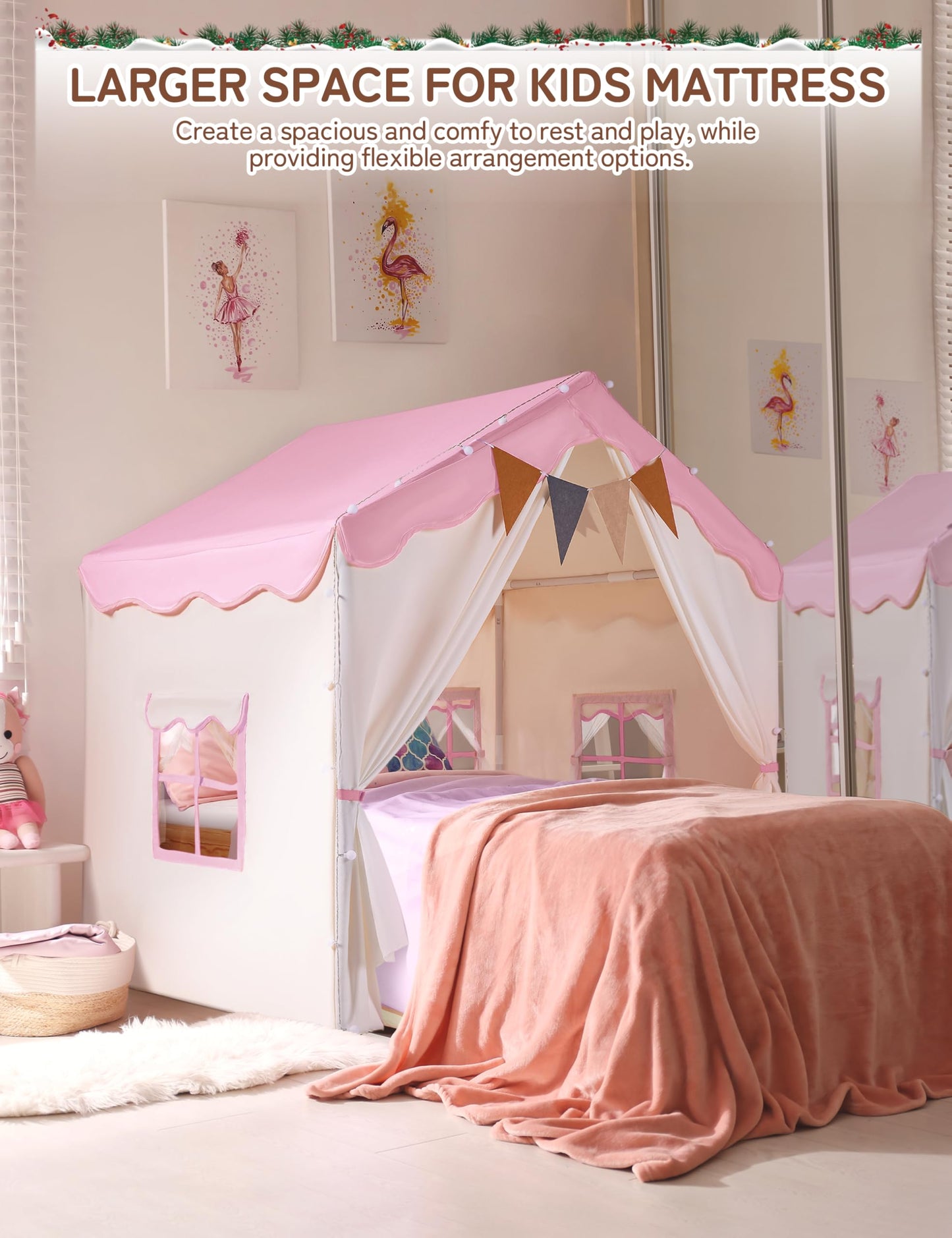 BESREY Kids Play Tent - 2 in 1 with Padded Mat & Lights, Large Playhouse with 2 Doors & 4 Windows, Indoor & Outdoor, Christmas Toddler Play Tent, 51" x 35" x 51