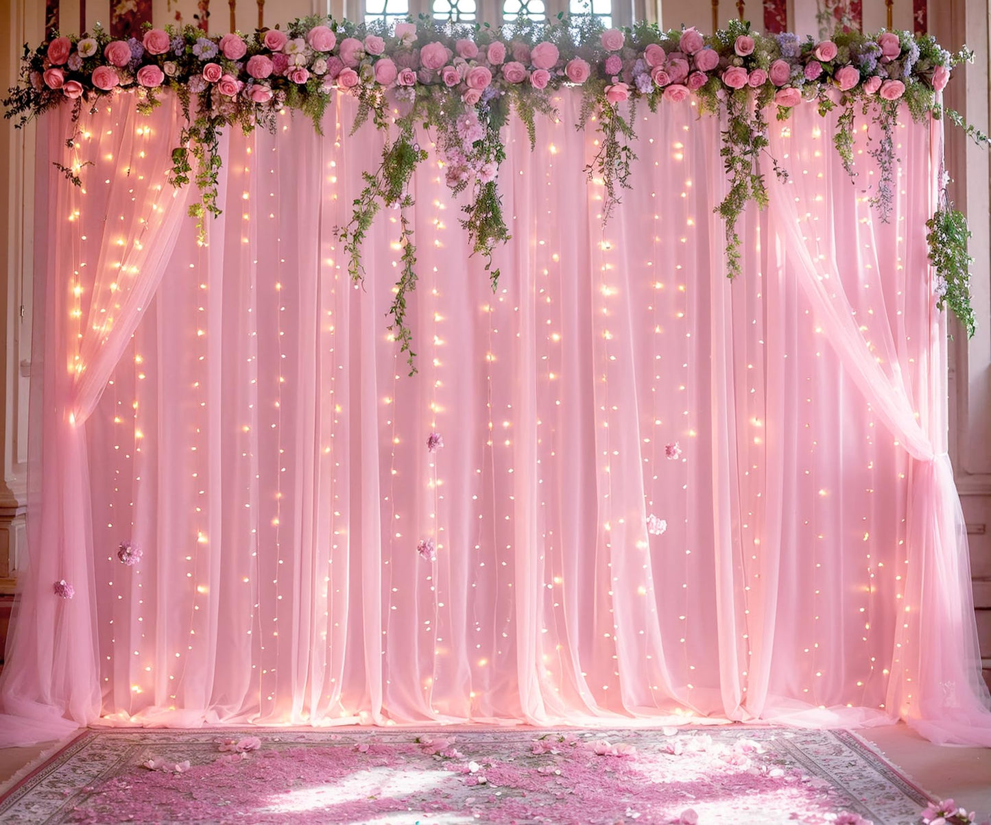 White Tulle Backdrop Curtain with Lights String for Parites 10×8ft Sheer Backdrop Curtains White Curtain Backdrop for Wedding Baby Shower Birthday Party Photo Shoot Decorations(2 Panels 10ft×8ft)