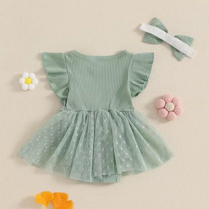 Hnyenmcko Newborn Baby Girl Summer Romper Dress Infant Fly Sleeve Flower Embroidery Mesh Tulle Skirt Hem Ribbed Bodysuit