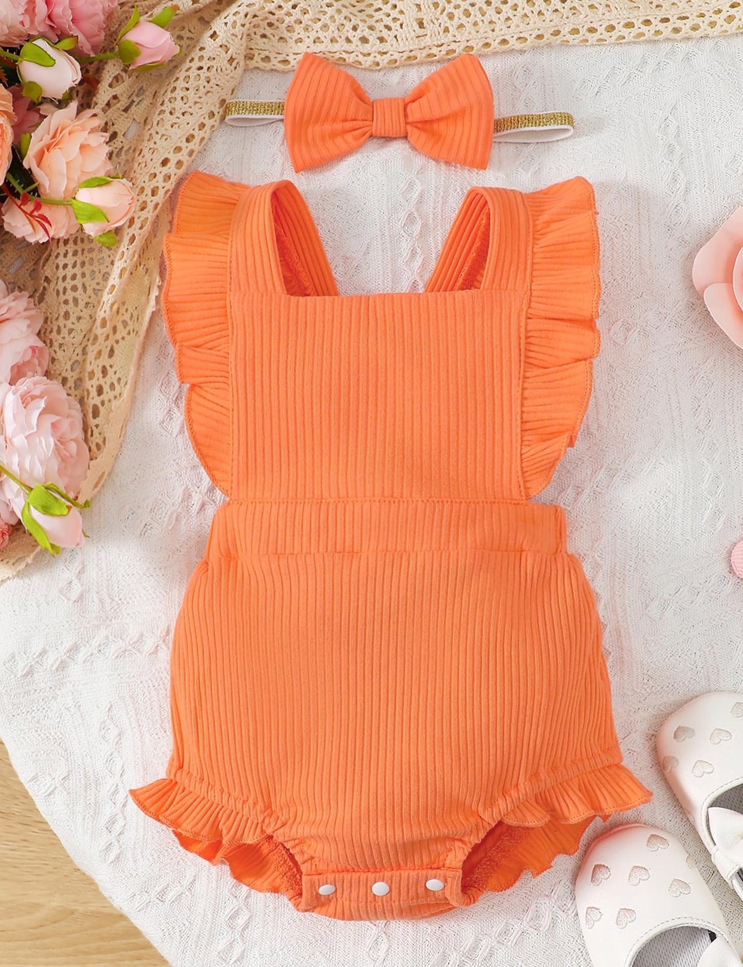 Fullfamous Baby Girl Ruffled Jumpsuit and Headband Set