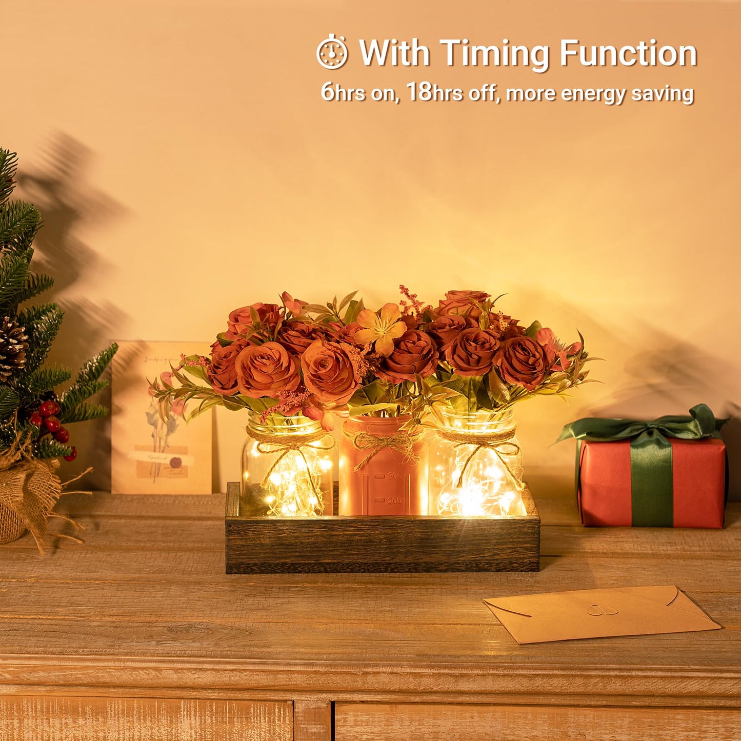 Mkono Mason Jar Lights Centerpiece Table Decor for Dining Room Farmhouse Wood Tray with 3 Jars Flowers Summer Decoration for Coffee Table Kitchen Living Room Wedding