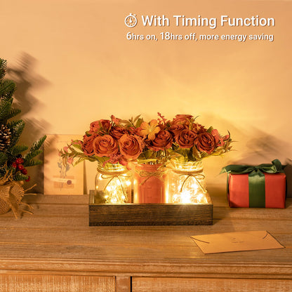 Mkono Mason Jar Lights Centerpiece Table Decor for Dining Room Farmhouse Wood Tray with 3 Jars Flowers Summer Decoration for Coffee Table Kitchen Living Room Wedding