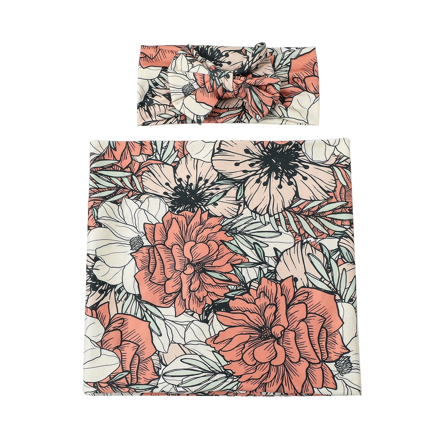 Galabloomer Newborn Receiving Blanket Headband Set Baby Flower Swaddle (vintage flower)