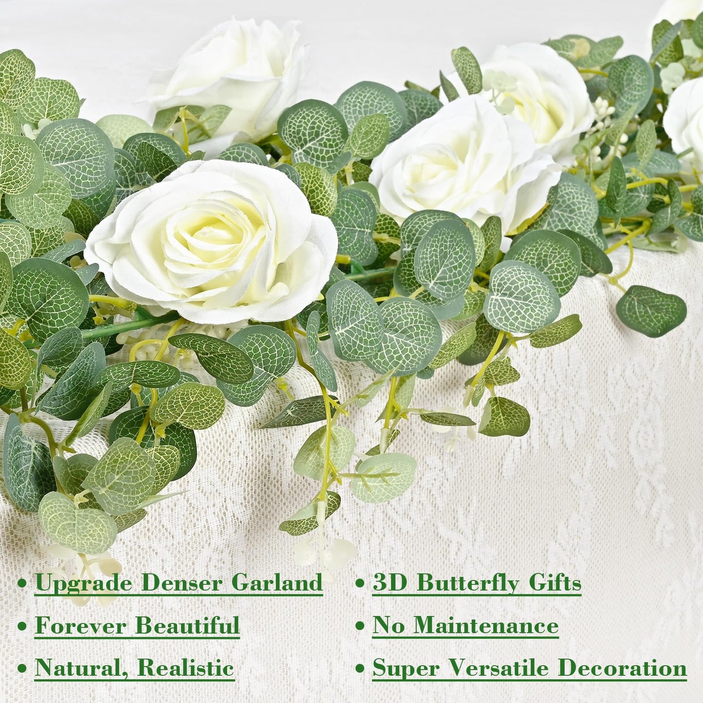 Yastouay 6.4 Ft Fuller Artificial Eucalyptus Garland with Champagne Flowers Fake Rose Vine for Table Centerpiece Wedding Baby Shower Party Room Backdrop Decor