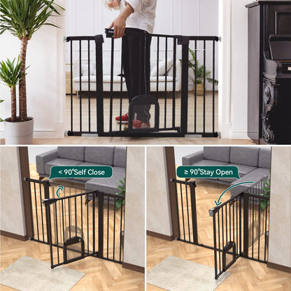 Babelio Upgraded Baby Gate with Cat Door, 29-43" Auto Close Durable Dog Gate for Stairs, Doorways and House, Easy Walk Thru Safety Gate with Pet Door Includes 4 Wall Cups, Black