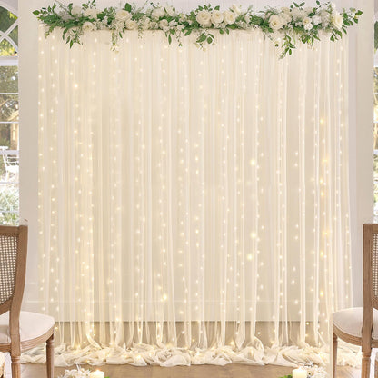 White Tulle Backdrop Curtain with Lights String for Parites 10×8ft Sheer Backdrop Curtains White Curtain Backdrop for Wedding Baby Shower Birthday Party Photo Shoot Decorations(2 Panels 10ft×8ft)