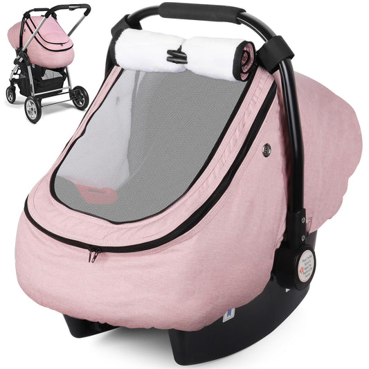 Rquite Car Seat Cover Baby, Carseat Covers Boy Girl, 2 Layers Window -Breathable Mesh & Wind/Sun Shade, Infant Car Seat Canopy Baby Carrier/Stroller Cover, Fit Spring, Fall, Winter, Cold Weather