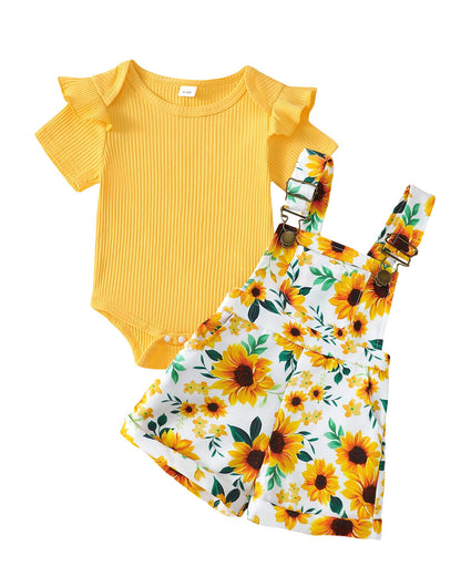SUNNY PIGGY Toddler Baby Girl Overalls Clothes Toddler Adjustable Suspender Jumpsuit Short Sleeve Outfit Little Girl's Set