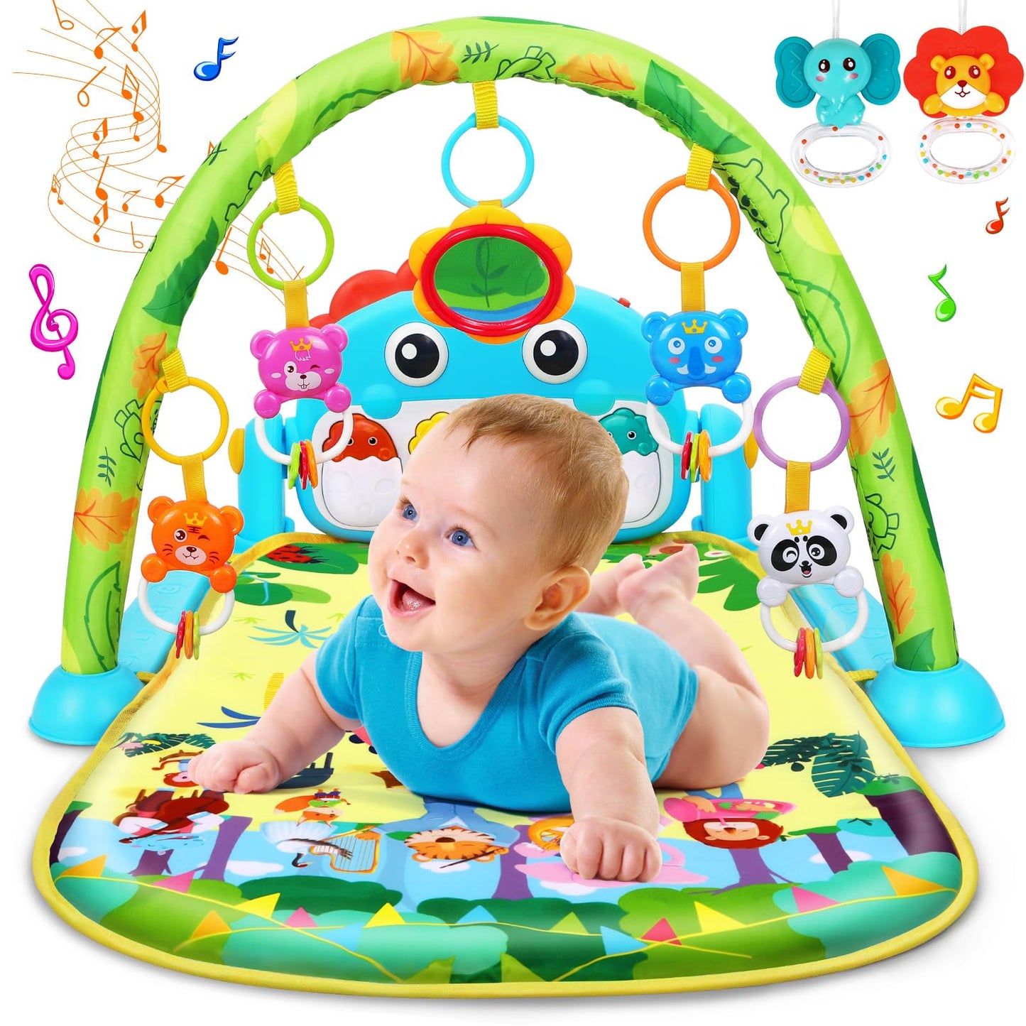 UMIKU Baby Play Mat Baby Tummy Time Mat Activity Center for Newborn Infant Piano Play Gym Mat Music & Light Babies Gifts Boy Girl for Babies 0-6 6-12 Months, Pink Dinosaur
