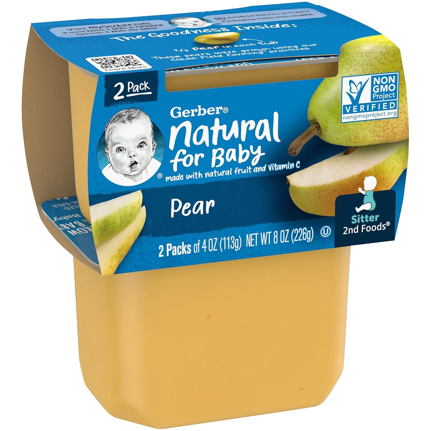 Gerber Natural for Baby 2nd Foods Baby Food Tubs, Pear, Non-GMO Pureed Baby Food, Made with Natural Fruit & Vitamin C, 2-4 OZ Tubs Per Pack (Pack of 4)