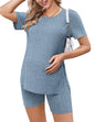 Ekouaer Maternity Sets 2 Piece Outfits Ribbed Knit Short Sleeve Shirts and Biker Shorts Pregnancy Loungewear Mama Clothes