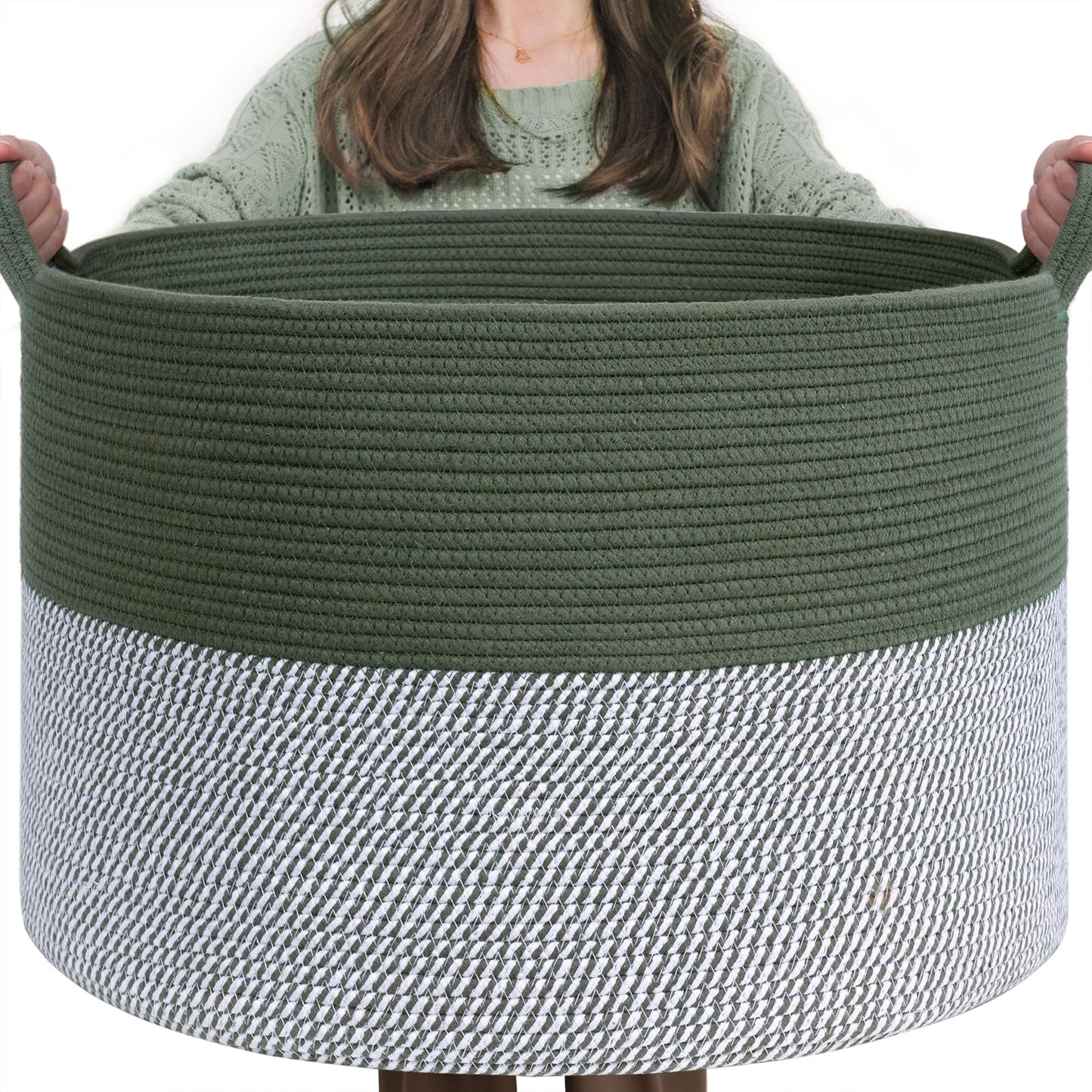 INDRESSME XXXLarge Cotton Rope Basket 21.7" x 21.7" x 13.8" Woven Baby Laundry Blanket Basket Toy Baskets with Handle Storage Comforter Cushions Thread Laundry Hamper