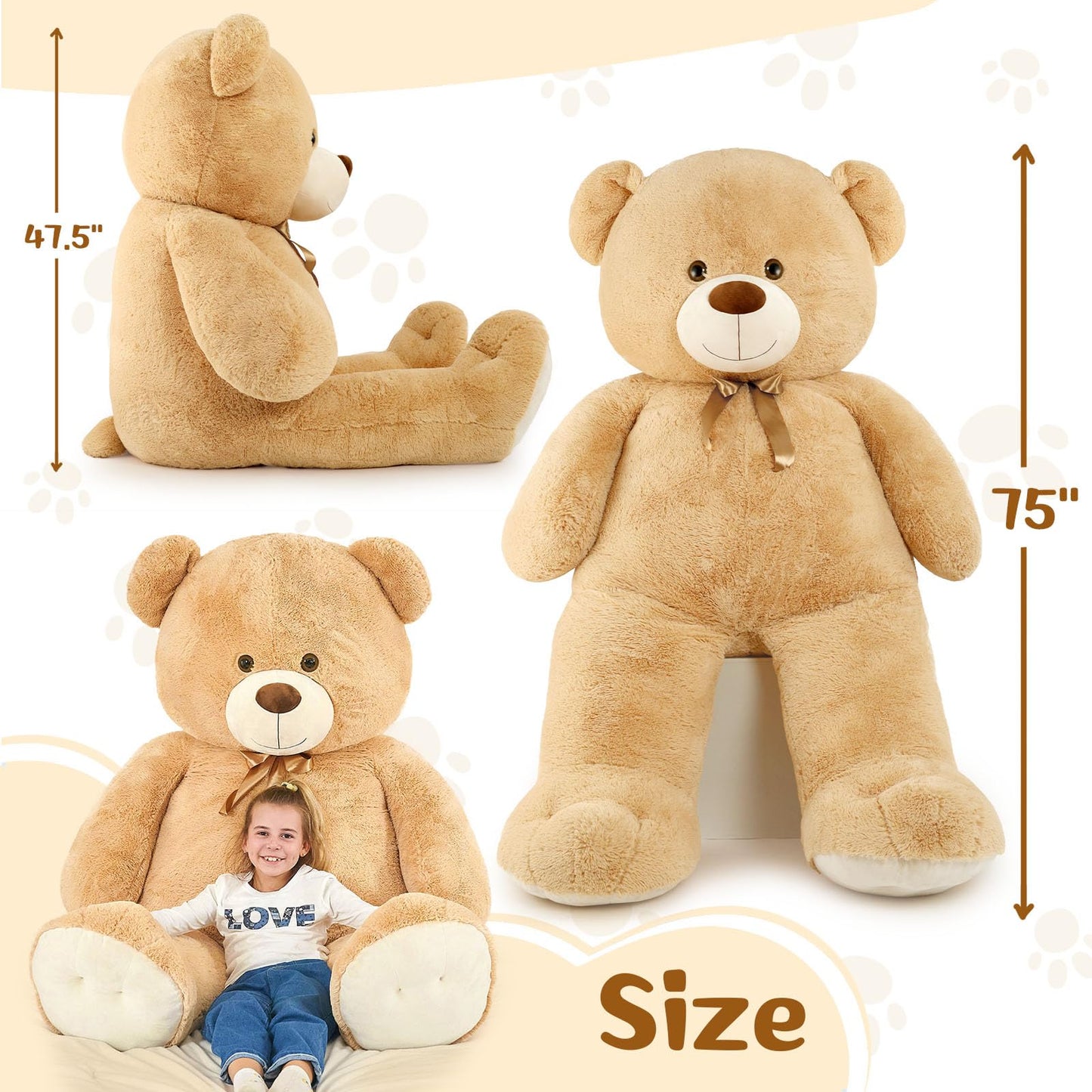 Tezituor 59" Gaint Teddy Bear Stuffed Animal,5ft Life Size Big Teddy Bears,Light Brown Cute Soft Plush Toy,Gifts for Kids Girls Boys Girlfriend Valentine,Christmas,Birthday,Baby Shower,Wedding Party