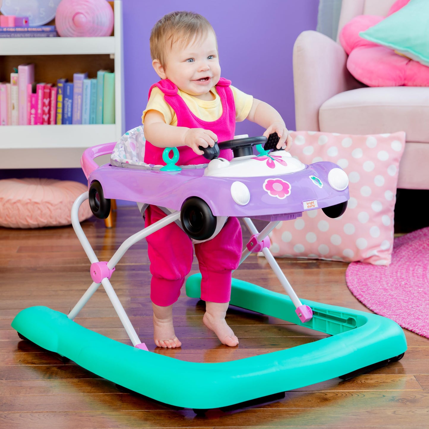 Bright Starts JuneBerry Walk-A-Bout Baby Walker and Entertainer, Removeable Floor Toy, with Easy Fold Frame for Storage, Ages 6 Months +