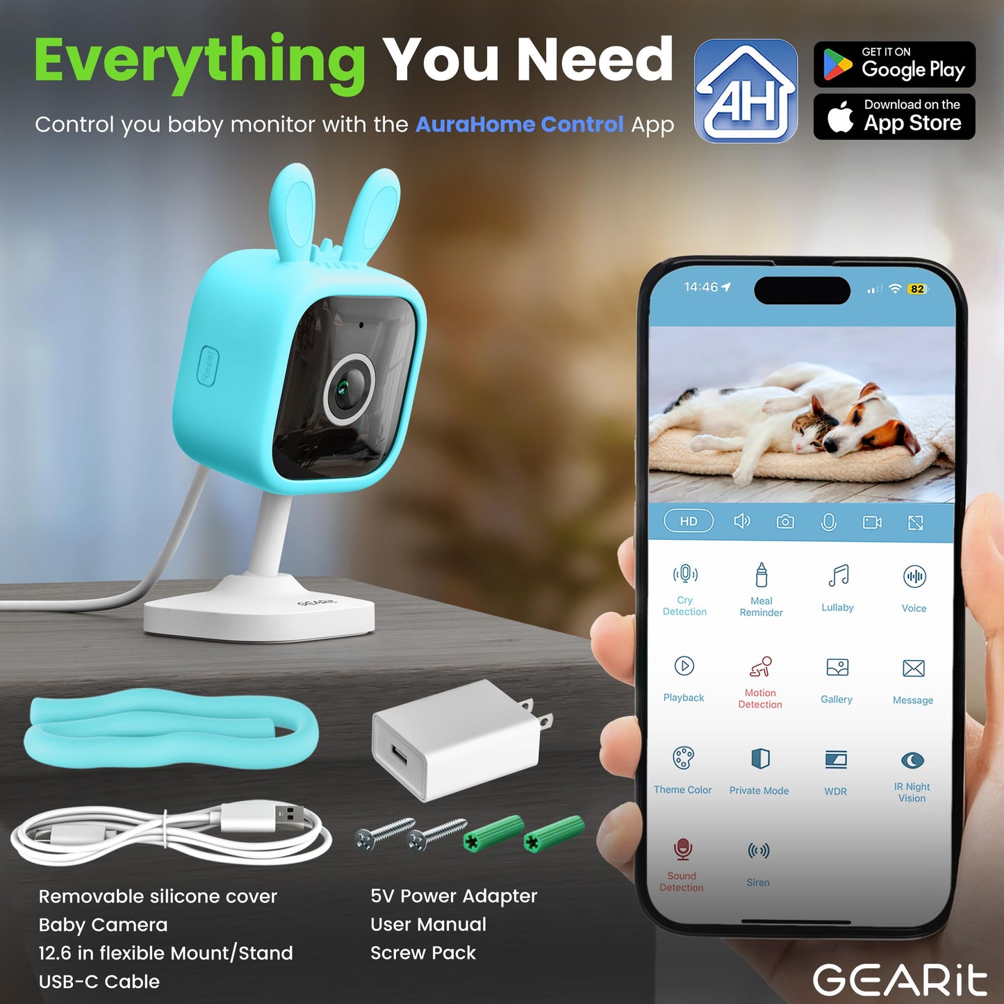 GEARit Baby Monitor with Camera & Audio 2K Video with Motion & Crying Detection, 2 Way Audio Easy WiFi Setup, Remote Monitoring - Easy to Set Crib Monitor with Adjustable Stand