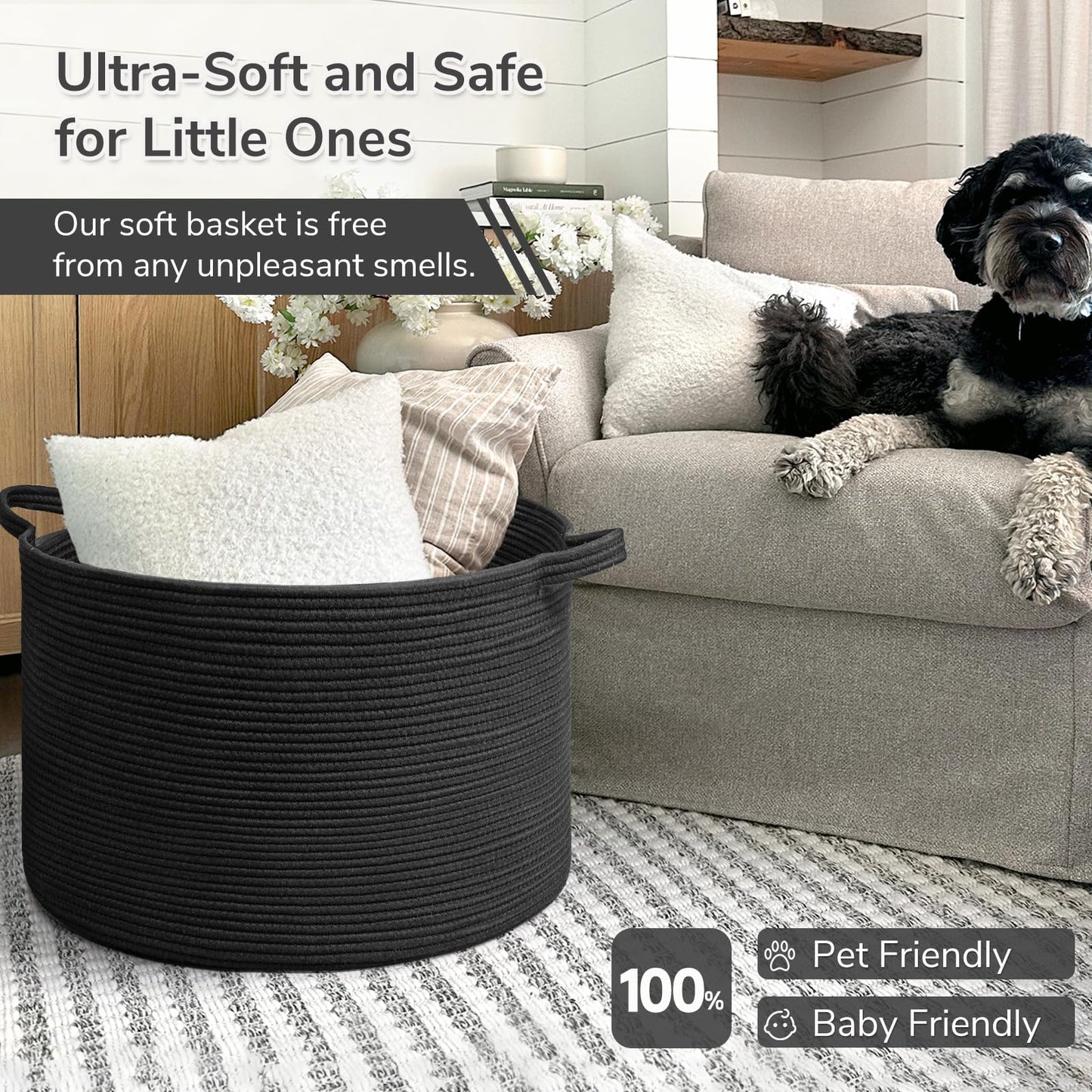 INDRESSME XXXLarge Cotton Rope Basket 21.7" x 21.7" x 13.8" Woven Baby Laundry Blanket Basket Toy Baskets with Handle Storage Comforter Cushions Thread Laundry Hamper