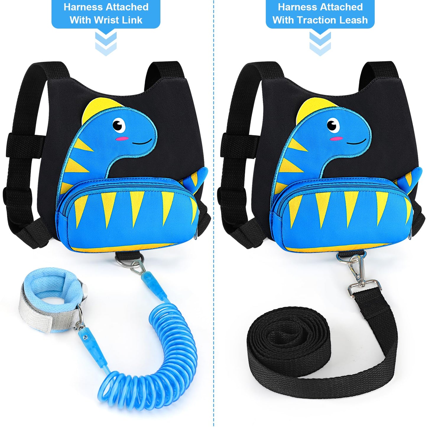 Accmor Toddler Harness with Leash, Cute Dinosaur Kids Harness + Anti Lost Wrist Link, Mini Child Harness Leash Wristband Strap Belt Protector for Baby Boys Girls to Outdoor Travel (Blue)
